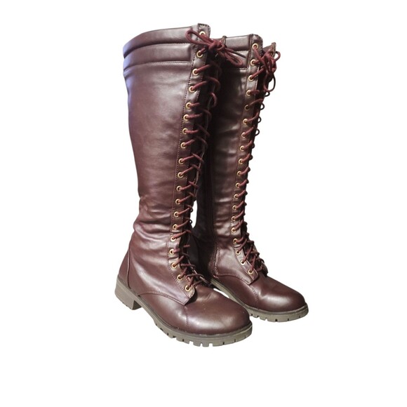 Combat Boots Buckle Casual PU-Leather Riding Fashion Tall Knee High Lace Up - Picture 2 of 7